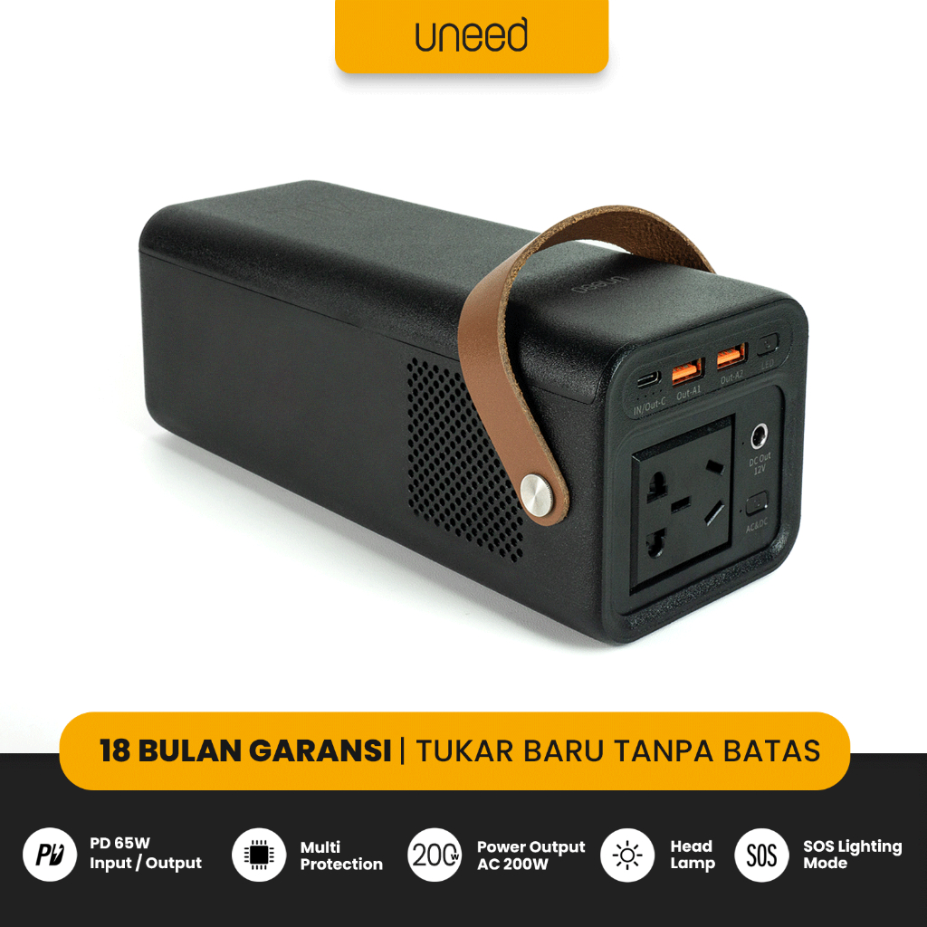 UNEED UPS812 Power Station 52.800mAh Portable Powerbank 200W QC PD - Hitam