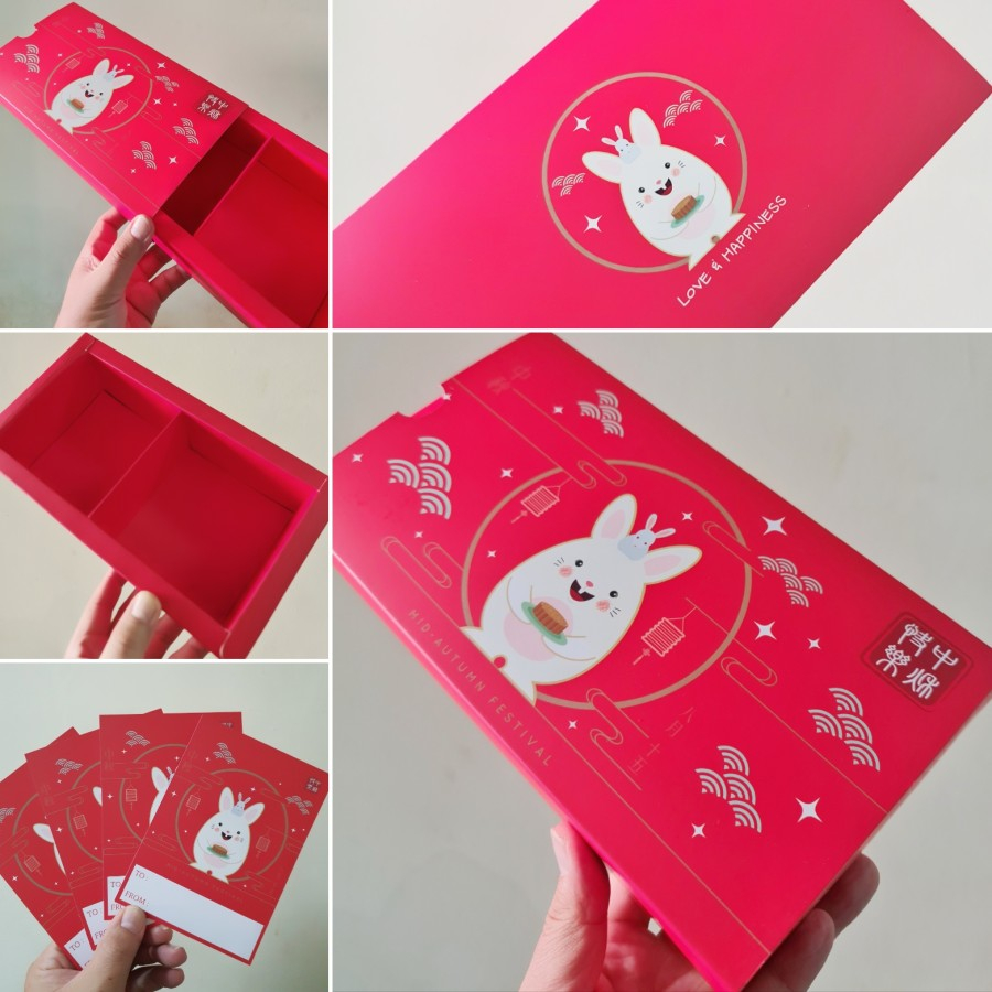 5 pcs box kue bulan sekat 2 motif red rabbit tutup slide dus kotak packaging mooncake 125 - 150 gram