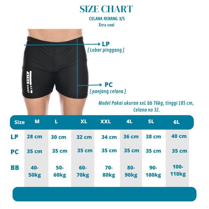 Celana renang pria 3/5 Xtra cool celana renang dewasa 40-125kg