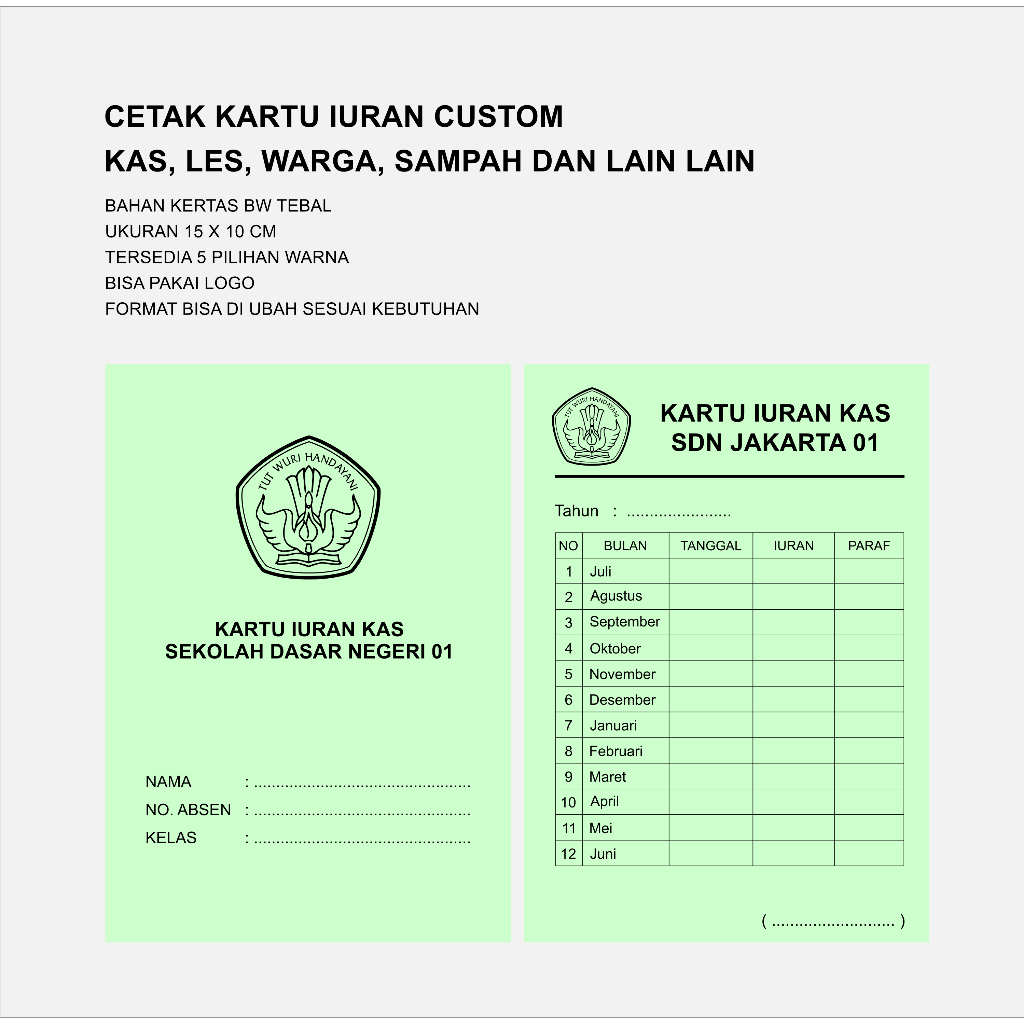 CETAK KARTU IURAN CUSTOM . KATU KAS, LES, WARGA, SAMPAH DAN LAIN LAIN