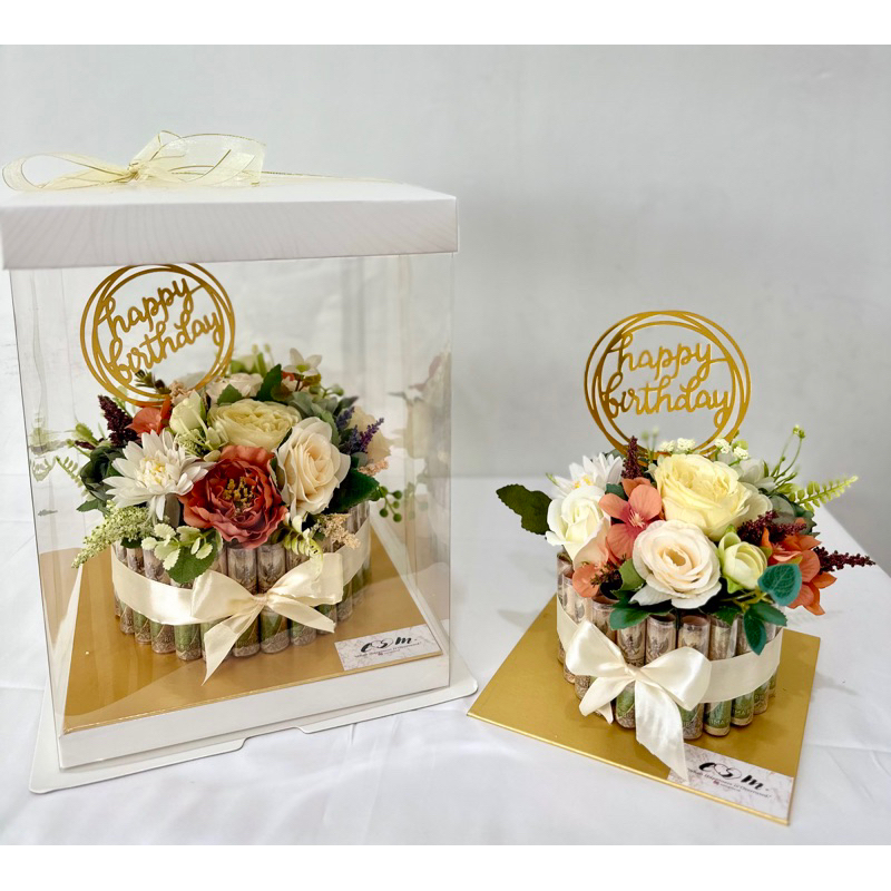 ESMGIFTS - GLAMOROUS MONEY CAKE - MONEY BIRTHDAY CAKE FLOWERS TOPPER [PECAHAN 5 RIBU]/ BIRTHDAY GIFT