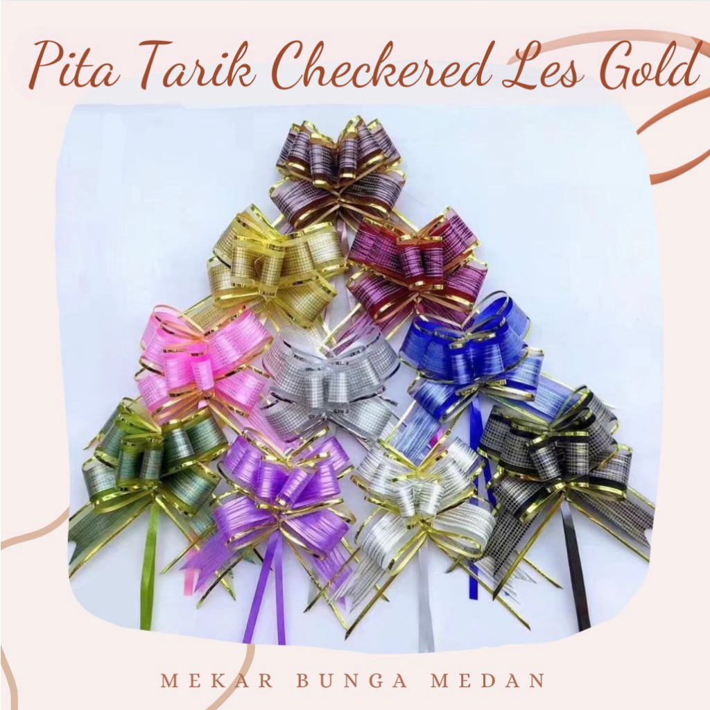 

PS 3 - (1 BUNGKUS ) Pita Tarik / Pita Serut Checkered Les Gold 3 cm x 48 cm Banyak Warna Harga Grosir