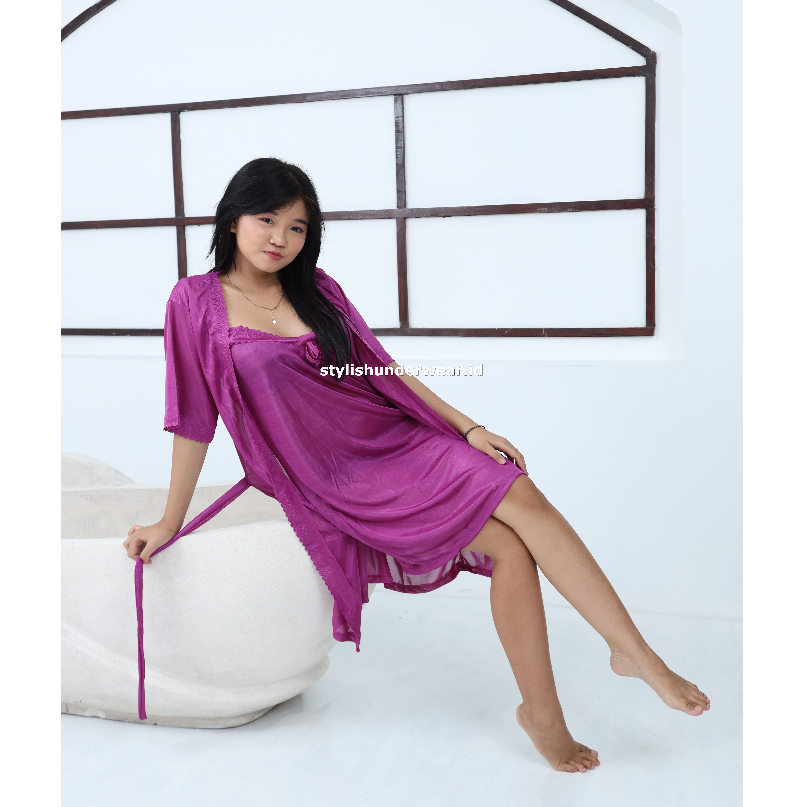 (COD) LGR LV Kimono 2 in 1 jumbo XXL LD 120 baju tidur wanita lingerie satin