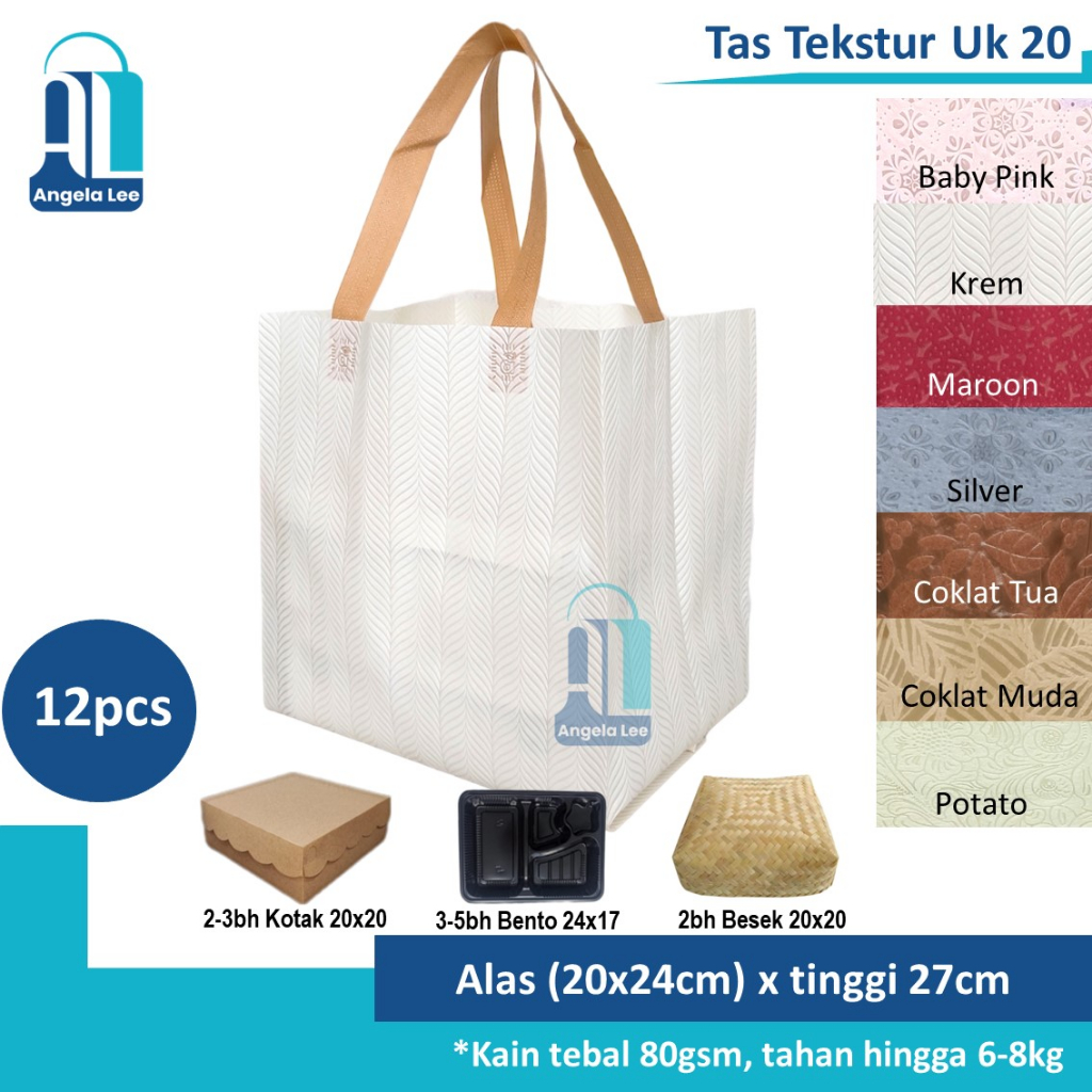 

12pcs Tas Kain Spunbond Motif Timbul Tekstur Mewah muat 3bh nasi box uk.20x20cm