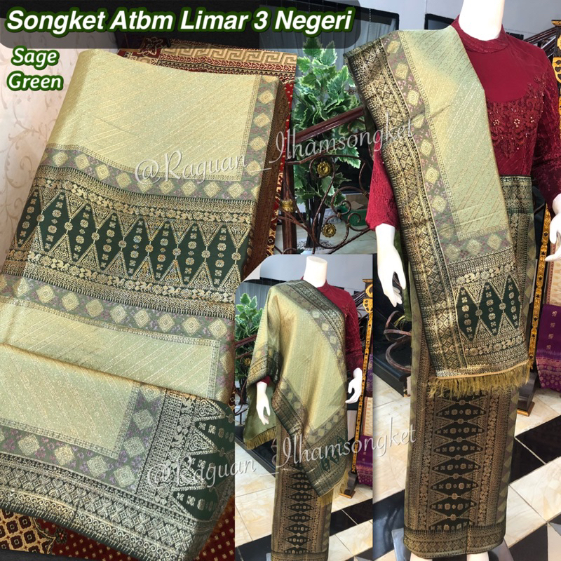NEW Songket Atbm Limar 3 Negeri Exclusive / Warna Sage/ Songket Tenun Mesin Palembang / Motif Pulir