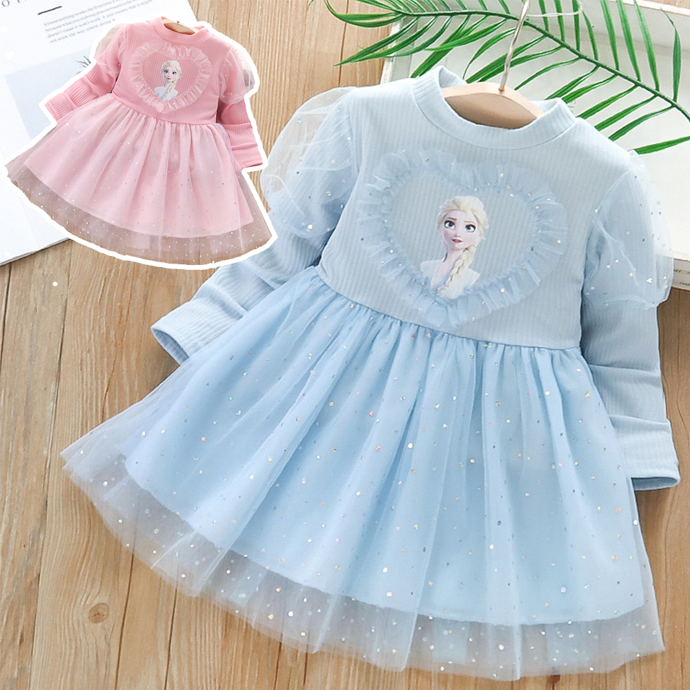 1-6 thn Anak Perempuan Anak -anak Beku Gaun Putri Elsa Untuk Pesta Bunga Lengan Panjang Gaun Tutu