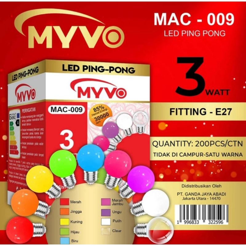 Lampu Hias MYVO 3W / Bohlam LED Warna Bulb / Led Pingpong Biru Hijau Kuning Merah Oren Pink Ungu 3 W