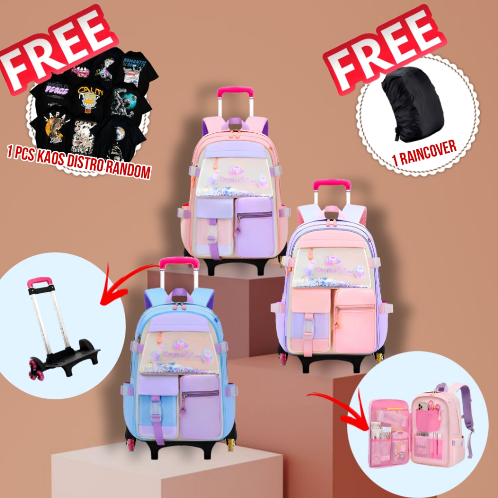 Tas Ransel Troli / Trolley - Tas Troli Sekolah anak sd import gratis kaos - tas ransel troli roda 3 