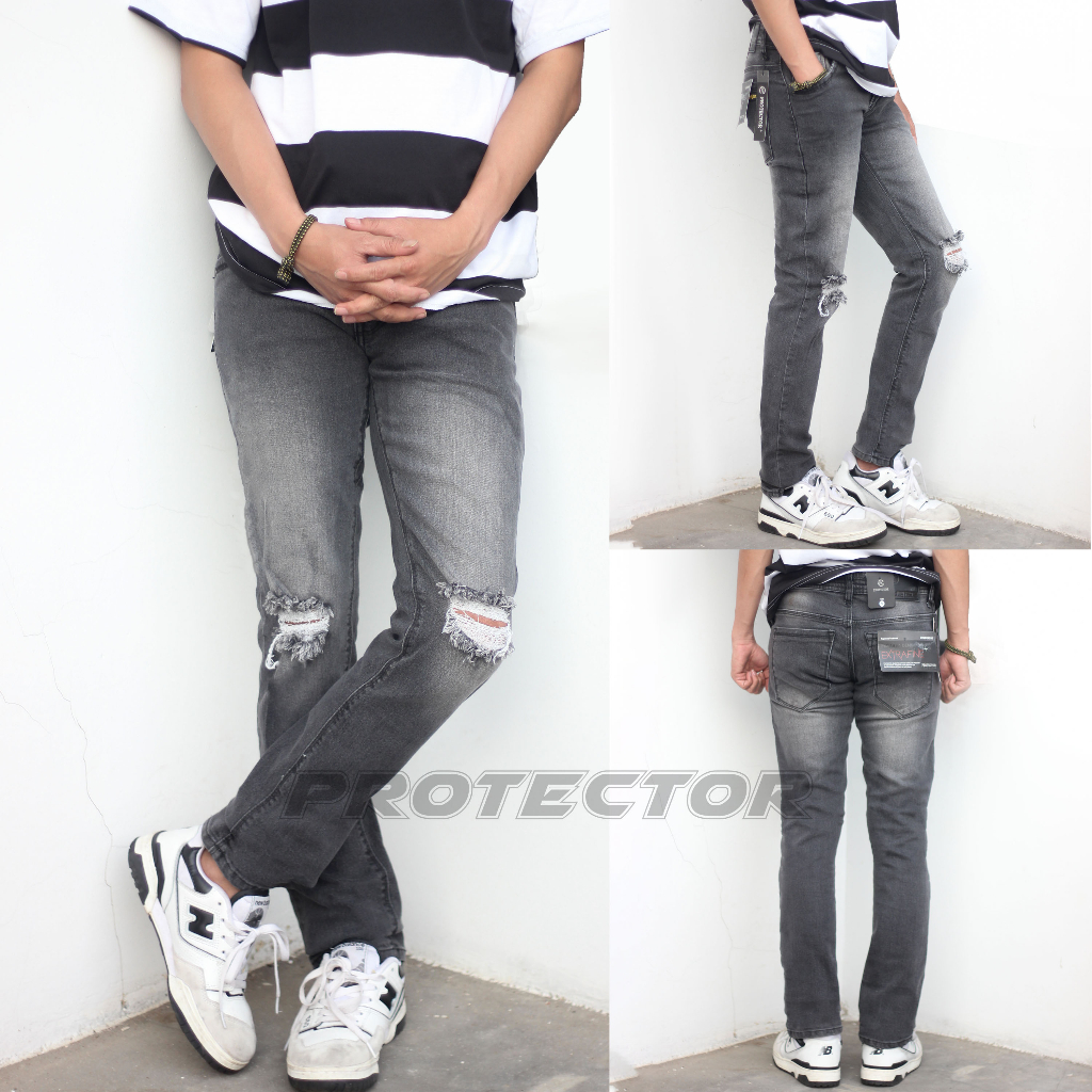 BELVANA Celana Jeans Sobek Lutut Pria Jeans Abu Abu Premium