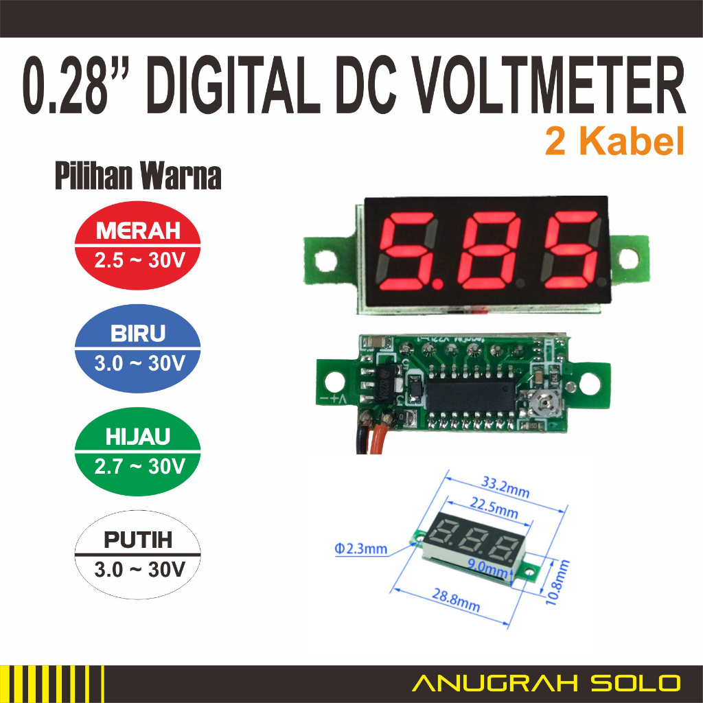 DC Digital Voltmeter 2 Kabel 2.5-30V 0.36" 0.28" 0.56" Tanpa Frame