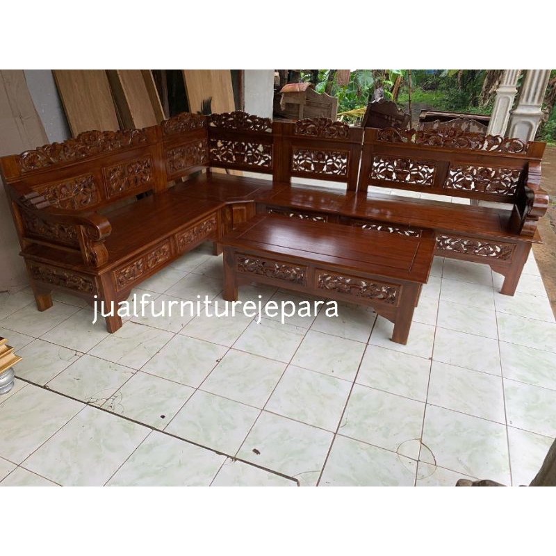kursi tamu sudut ukir kayu jati asli, kursi tamu sofa tamu ukiran kayu jati jepara
