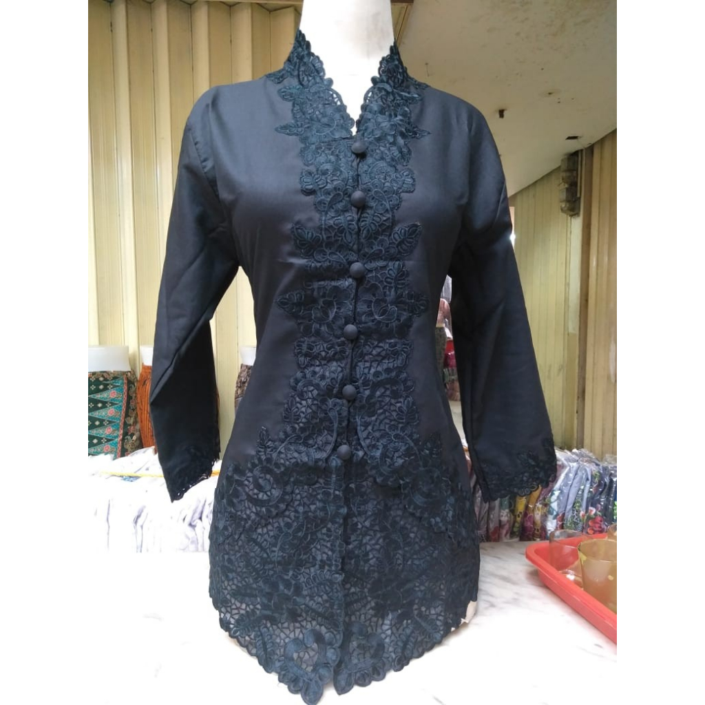 Atasan Kebaya Encim Polos Bordir JUMBO Aneka Pilihan Warna - Hitam