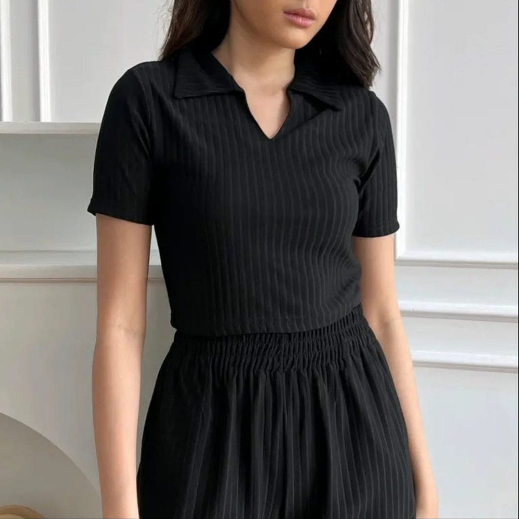 Crop Top Polo Shirt Lengan Pendek / Kaos Kerah Wanita / Kaos Crop Berkerah / Pakaian Wanita Korea St