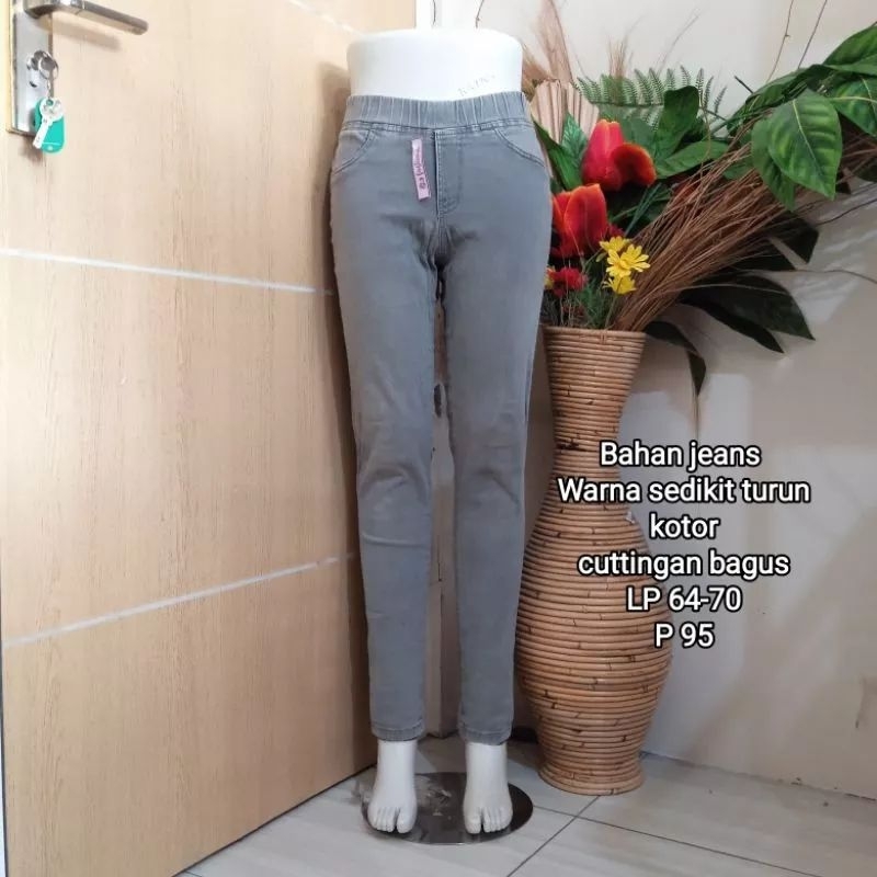 celana jeans Preloved abu grey pinggang karet saku bordir Vivo