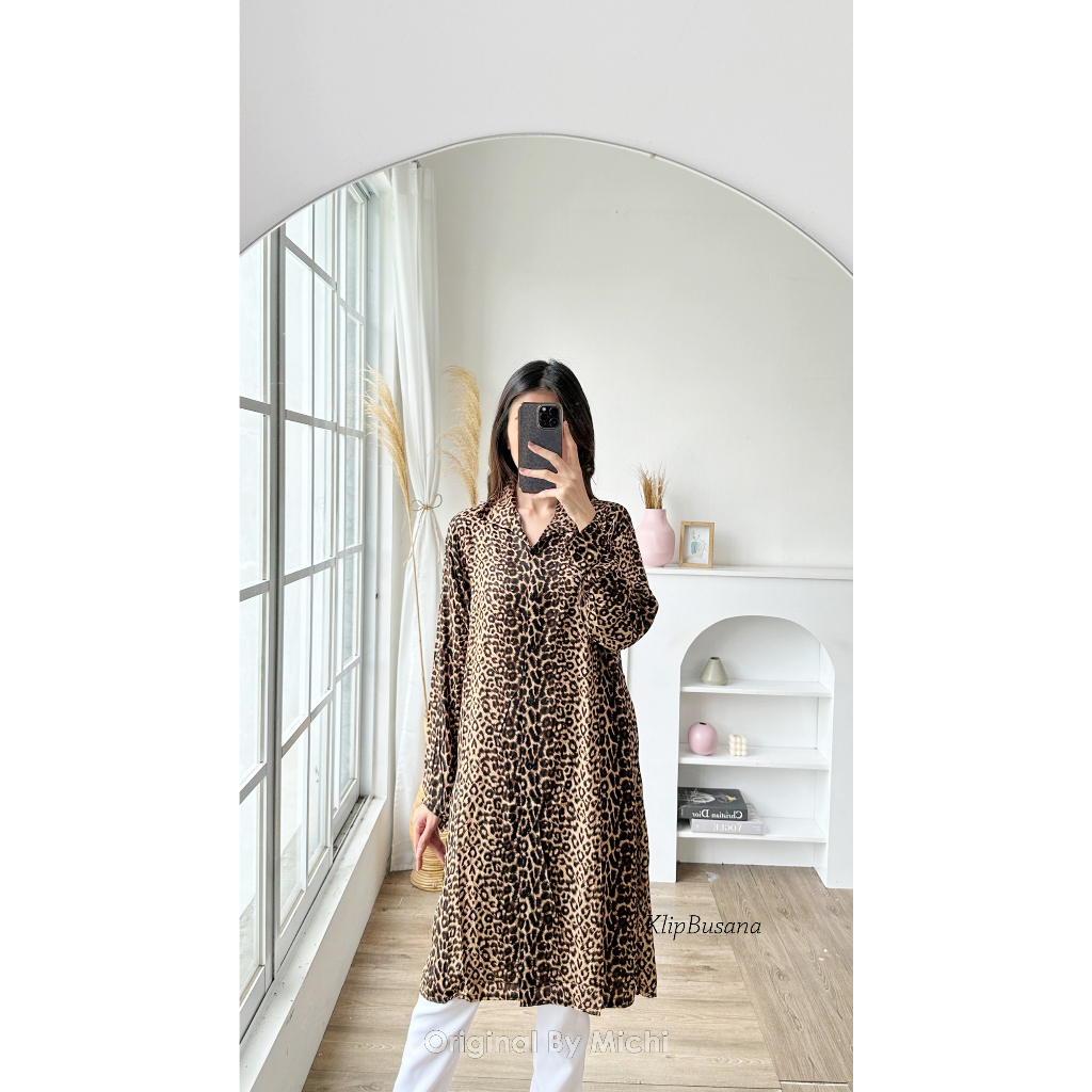 Tunik Kerah Leopard Wanita Jodie Original ByMichi KlipBusana - Midi Dress Hijab Perempuan Motif Maca