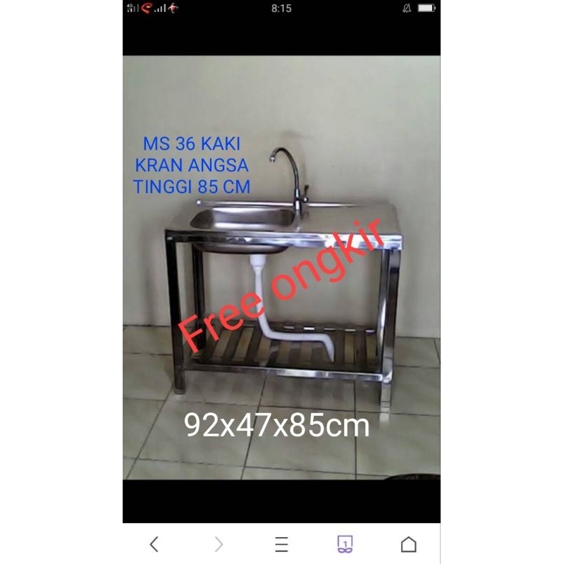 Free ongkir wastafel/bak cuci piring portable stainless tinggi 85 cm ms 36kaki komplit.kran angsa