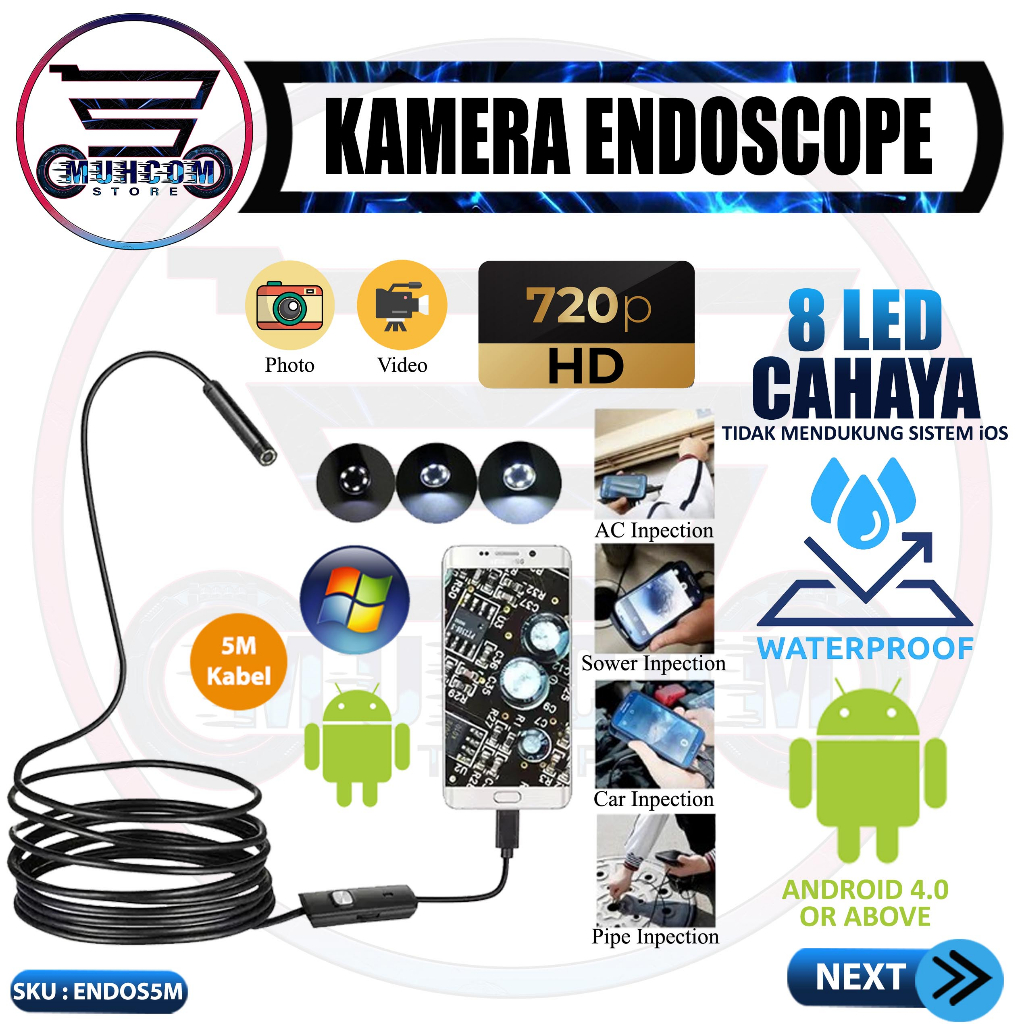 SpyCam Camera Mini USB OTG Android Endoscope 5.0M Kamera HD 720p IP67 Panjang Kabel 5 Meter Camera W
