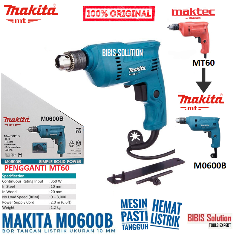 MAKITA Mesin Bor Listrik Besi Kayu 10mm M0600B Mesin Bor Elektrik Electric Drill MAKTEC MT60