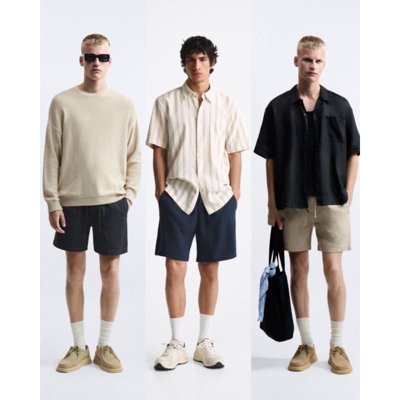 CELANA PENDEK PRIA ZARA LINEN BERMUDA COTTON SHORTPANTS