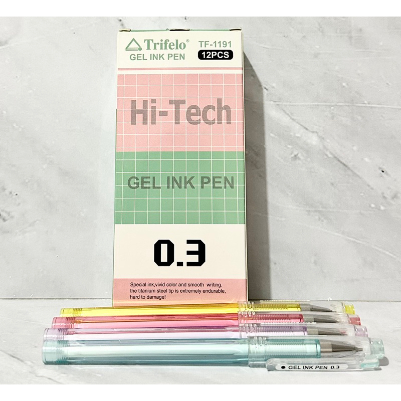 

|1 kotak/12pcs| Trifelo Hi-Tech hitech hitek Gel ink pen 0.3mm body warna warni tinta hitam