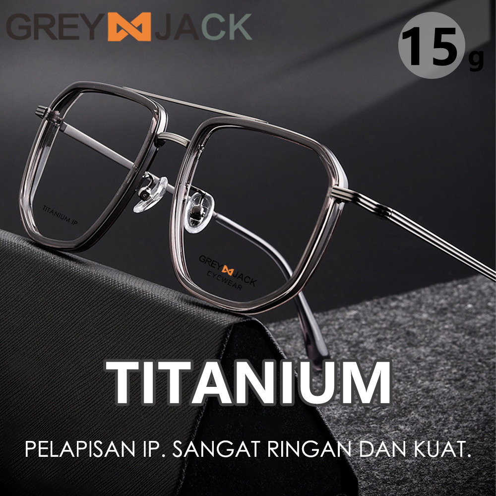 Grey Jack Frame Kacamata Bahan Titanium Model Aviator Kotak Ringan dan Kokoh Bisa Minus Antiradiasi 