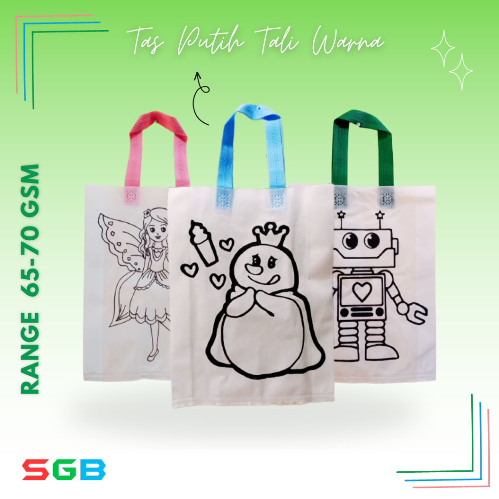

Tas Spunbond Mewarnai Tas putih tali warna uk 30x40x8 / Goodie Bag