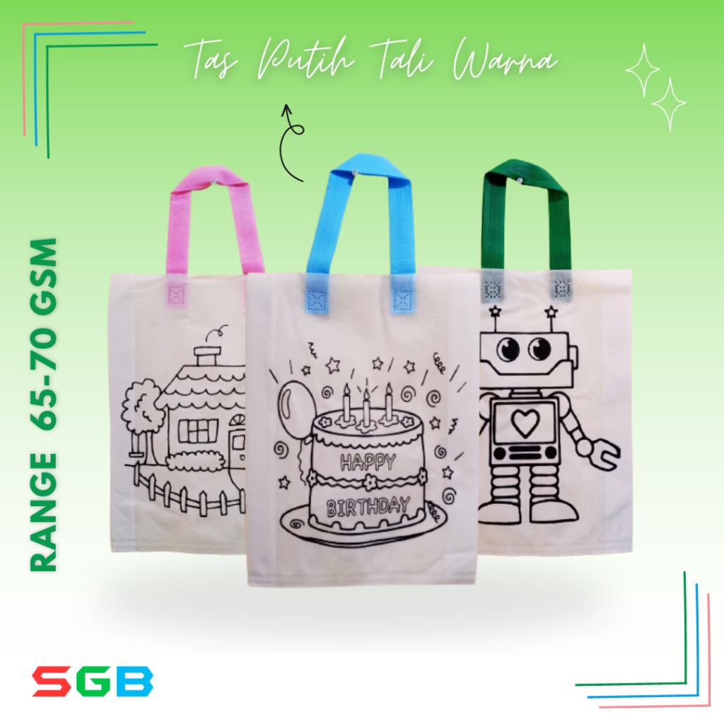 

1 LUSIN - Goodie Bag Spunbond Mewarnai Tas Putih Tali Warna UK 30X40X8 / Goodie Bag