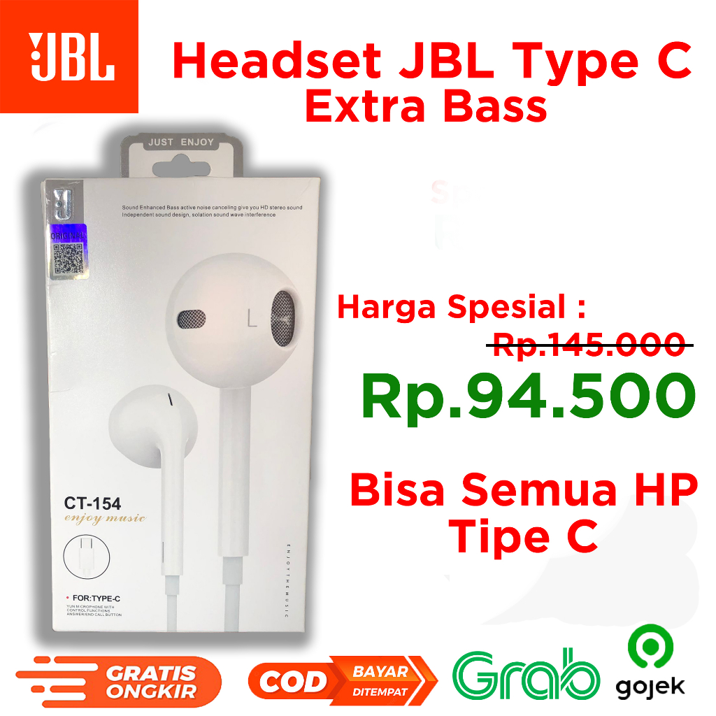 Headset Type C JBL Extra Bass Music Microphone Noise Cancelling Headset Tipe C