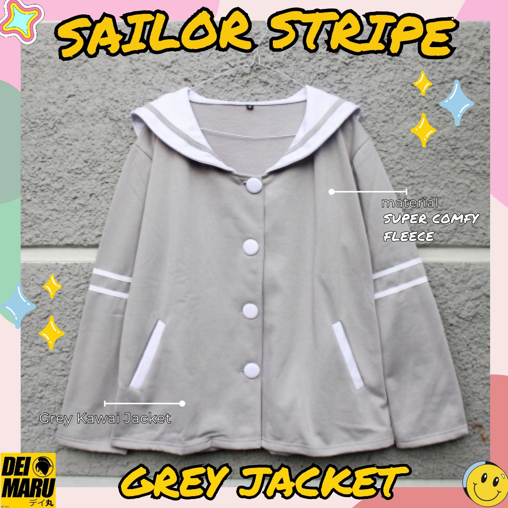Jaket Seifuku Sailor Stripe Grey Jacket Harajuku Kawai Jaket Abu abu wanita