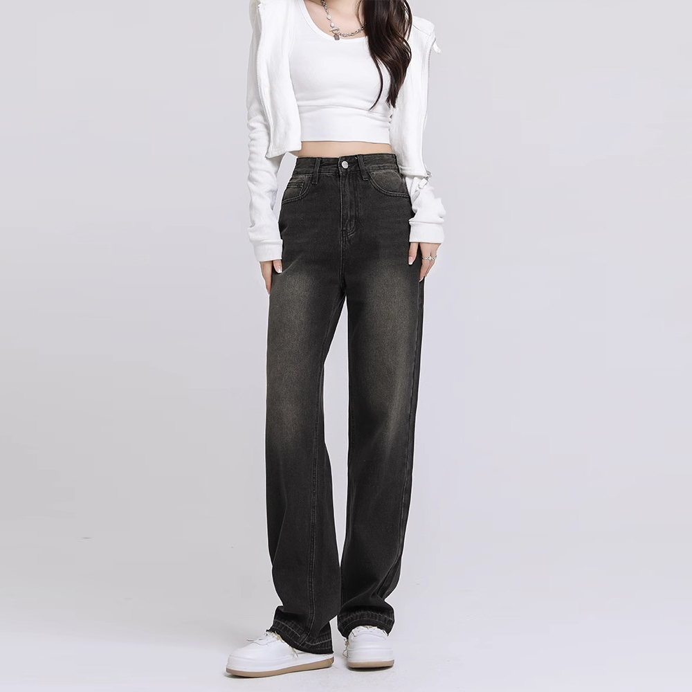 Abu abu Highwaist Straight Celana Jeans Wanita Loose