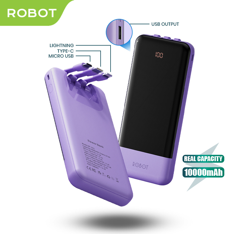 Powerbank ROBOT Kapasitas 10000mAH RP-101L Kabel Built-in Type C Lightning Micro Original Garansi Re