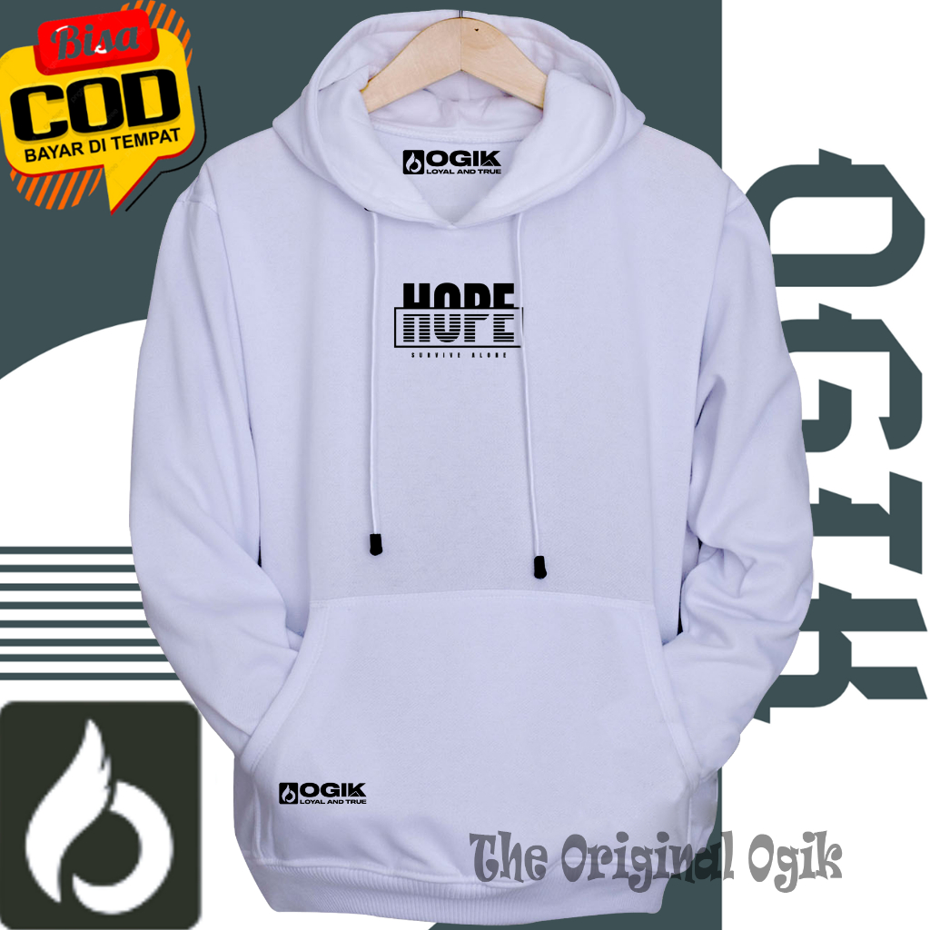 jaket distro original brand OGIK warna Putih list sablon hope line hoodie cowok distro original swea