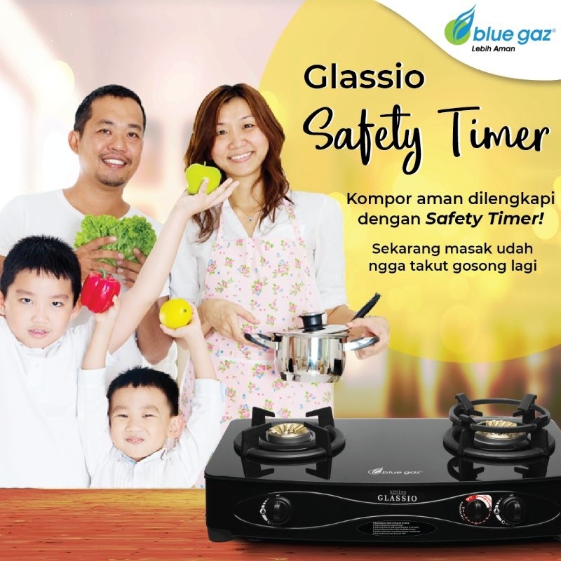 Kompor Gas 2 Tungku Xentro Glassio Safety Timer Blue Gaz bisa set setting atur waktu api mati sendir