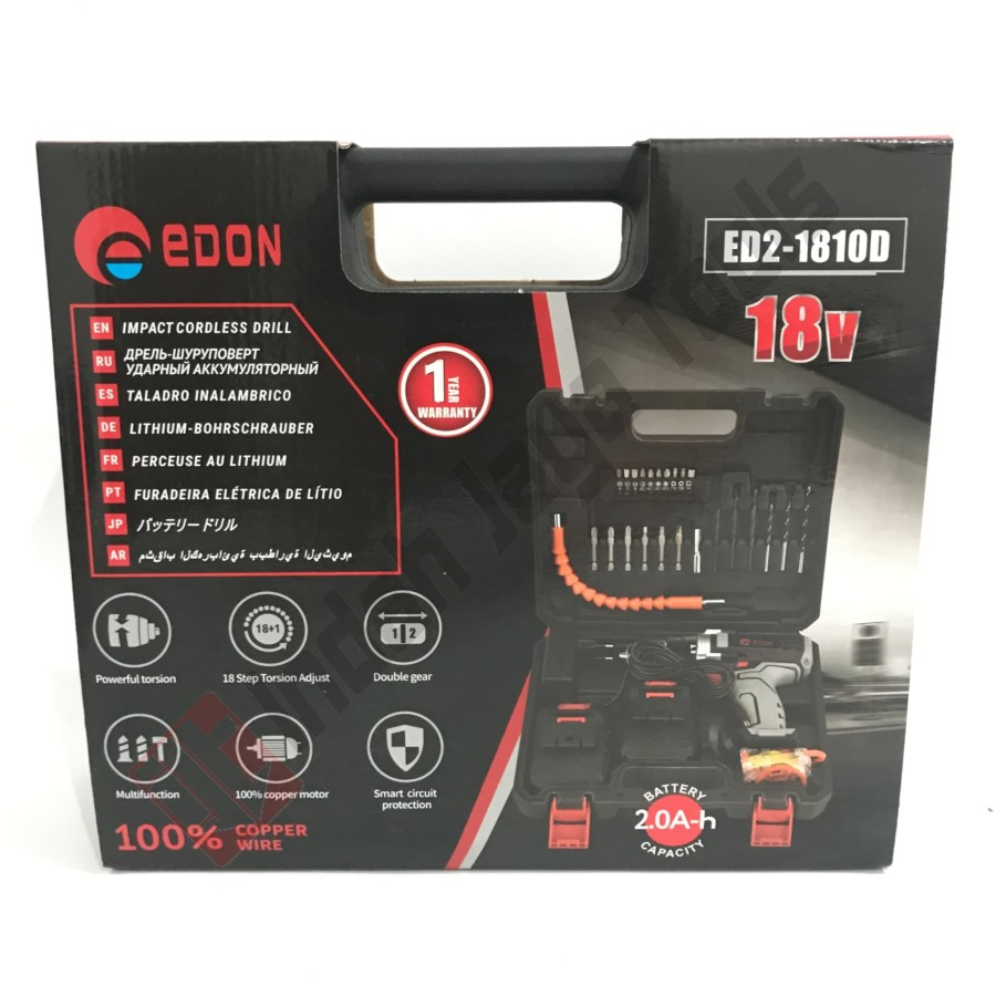 EDON ED2-1810D 18V Mesin Bor Cordless Baterai Charger Cas Besi Kayu
