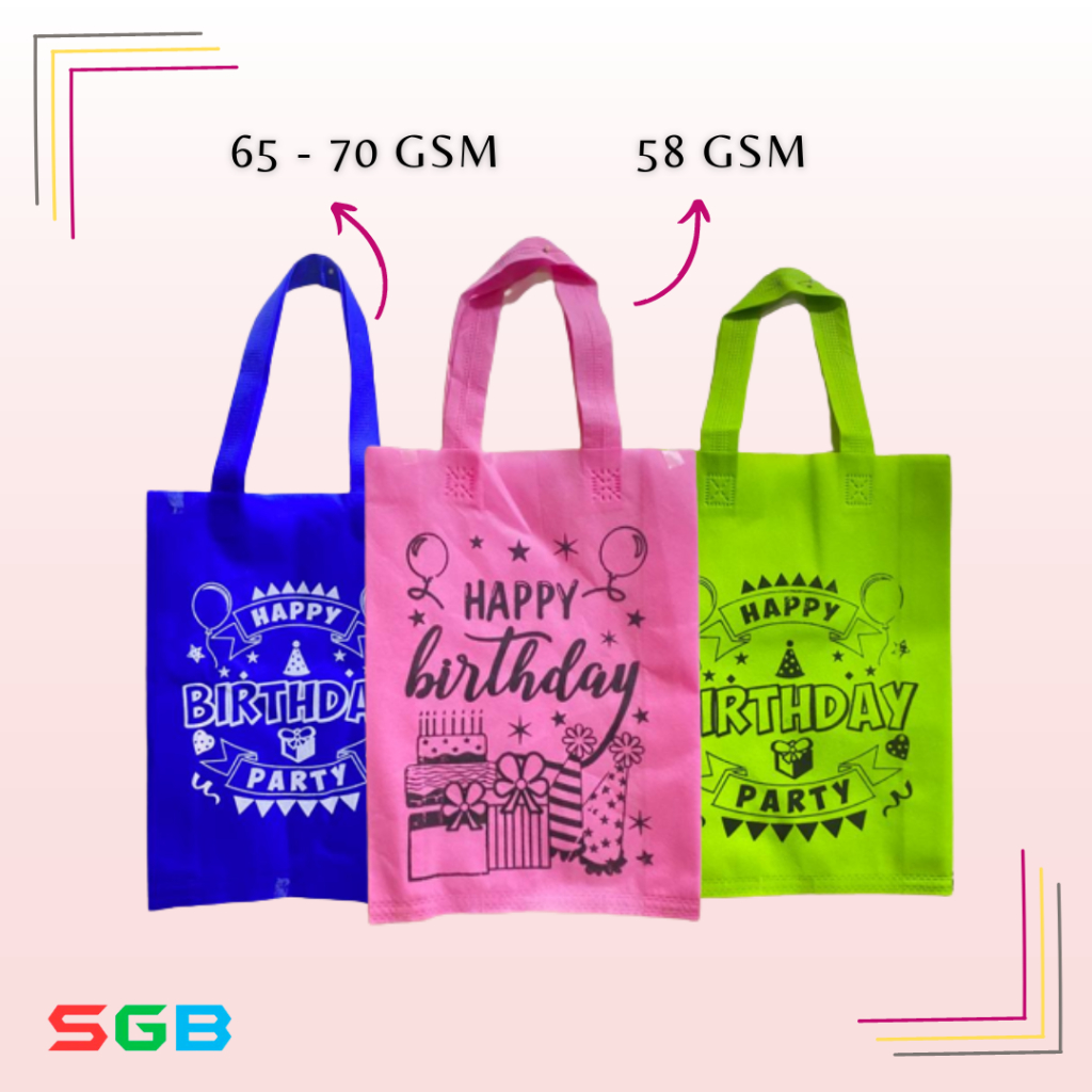 

harga per LUSIN Goodie Bag HBD ( Ultah ) Tali uk 25x35x8 70gsm & 58gsm - Tas Kain Motif