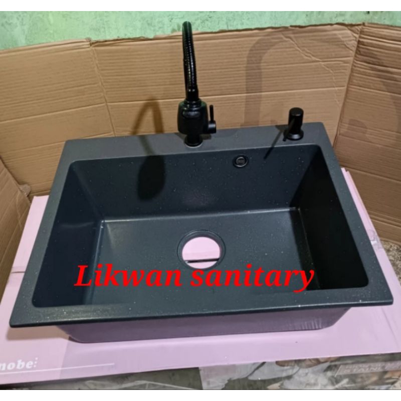 Paket komplit kitchen sink granit ONAN 6146 HITAM / Paket kran flexible stainless hitam