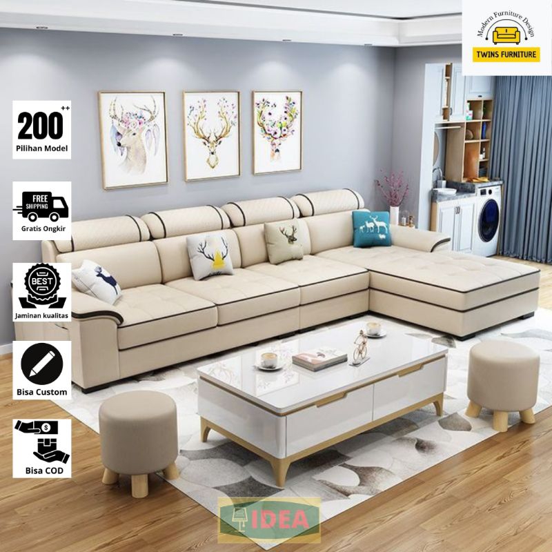 IDEA - Sofa L Minimalis Kursi Ruang Tamu Fullset Free Puff