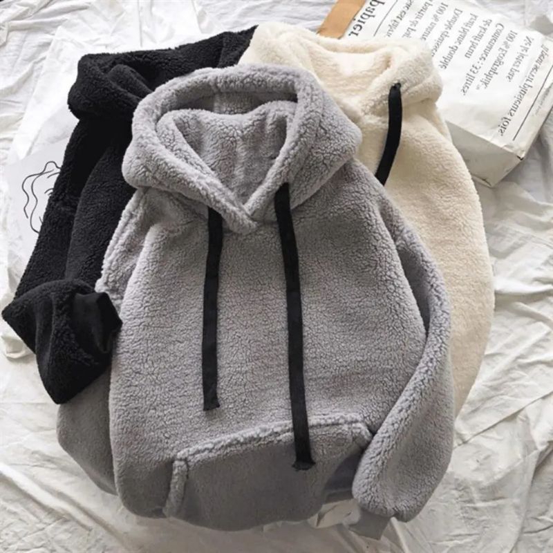 Jaket Hoodie Bulu Pria Polos / Jaket Sherpa Pria Hoodie Bulu Domba Imitasi Unisex Cowok Cewek