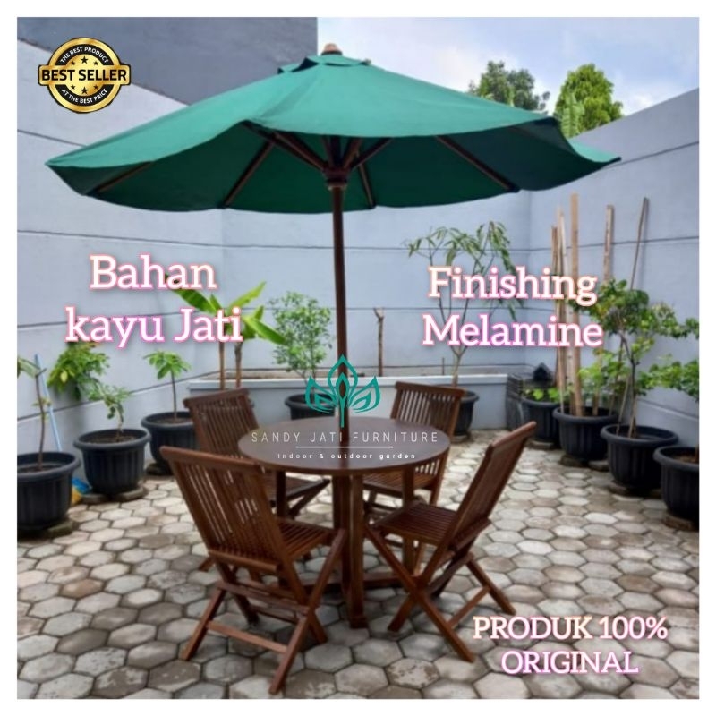 Set Meja Payung Taman Outdoor, Meja Payung Outdoor Hotel Bahan Kayu Jati