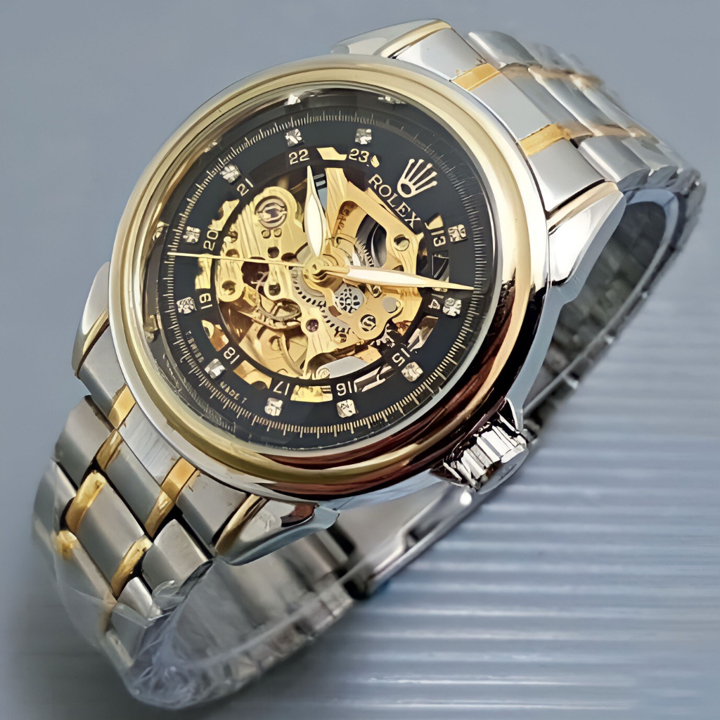 JAM TANGAN PRIA DAN WANITA CLASSIC FASHION ROLEX SKELTON AUTOMATIC MESIN SBG-004 + BOX EKSLUSIVE