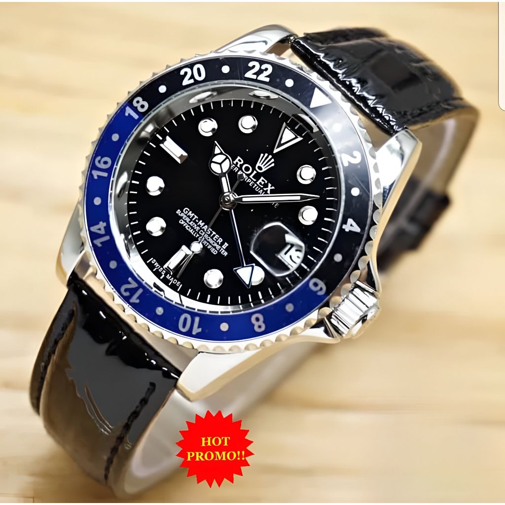 JAM TANGAN PRIA CASUAL ANALOG ROLEX AUTOMATIC GMT KULIT SBG-009 + BOX EKSLUSIVE