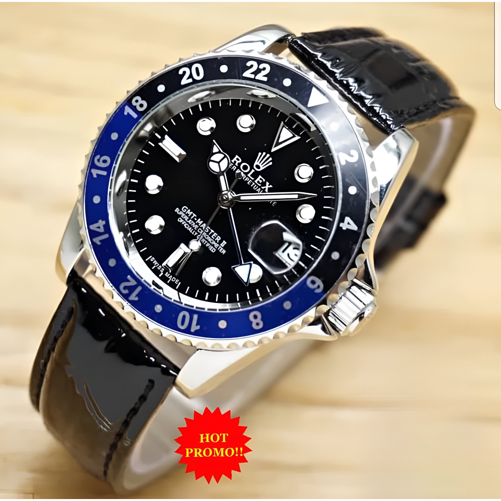 JAM TANGAN PRIA ROLEX AUTOMATIC GMT KULIT SBG-009 + BOX EKSLUSIVE