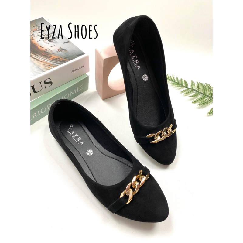 Sepatu balet wanita simple kekinian flatshoes sol karet viral 2022 sepatu hitam variasi rantai emas