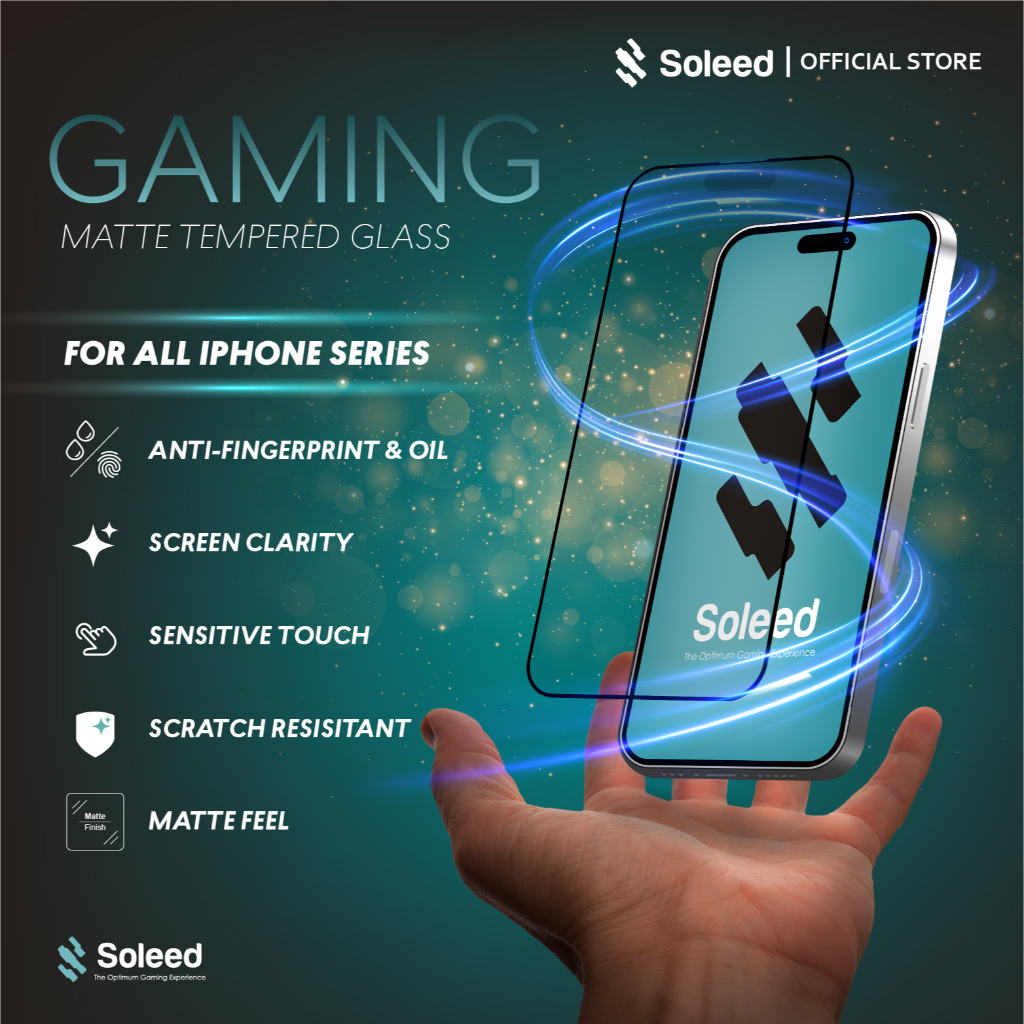 SOLEED - Matte Gaming Iphone Tempered Glass  | Anti Gores 8/X/XS/XR/11/12/13/14/15/Pro/Max/Plus/SE/+