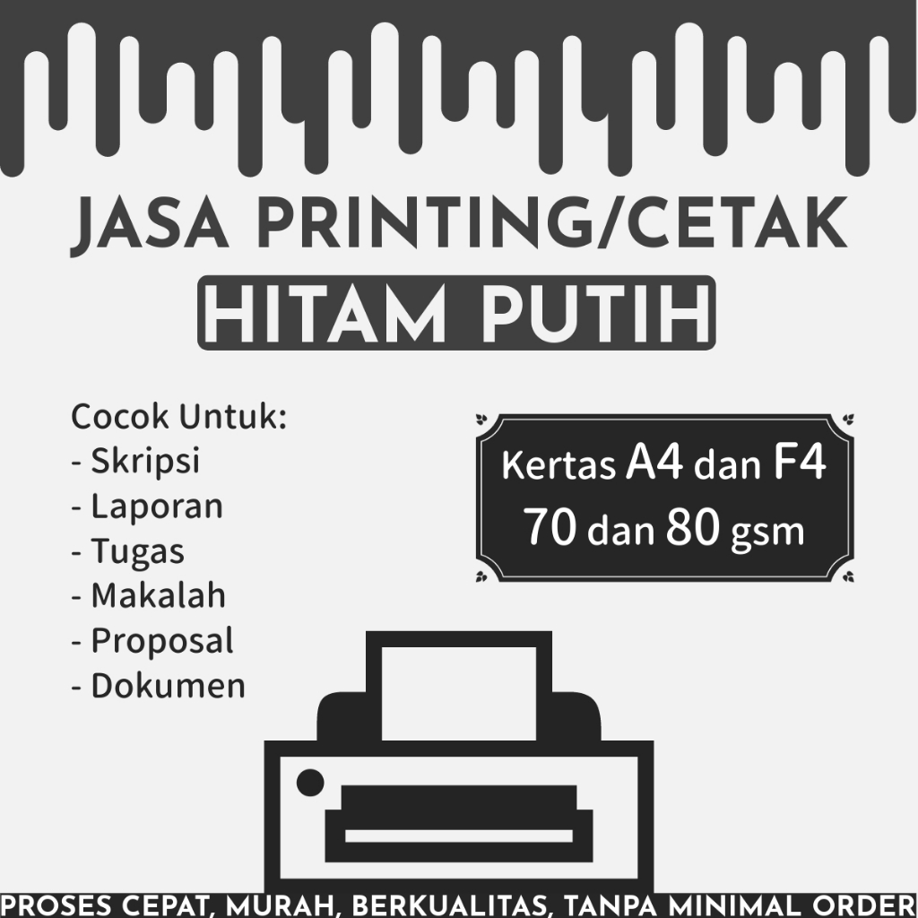 Cetak/Print Hitam Putih Kertas A4/F4 Ketebalan 70/80 gsm