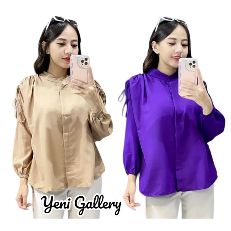 Baju Blouse  Kemeja Atasan Wanita Gavi Lengan Serut Motif Polos Simple Terbaru