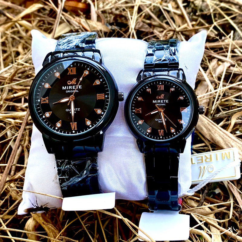 Jam Tangan Couple Mirete Analog Rantai Stainless Tahan Air Warna Full Hitam Produk Original Berkuali