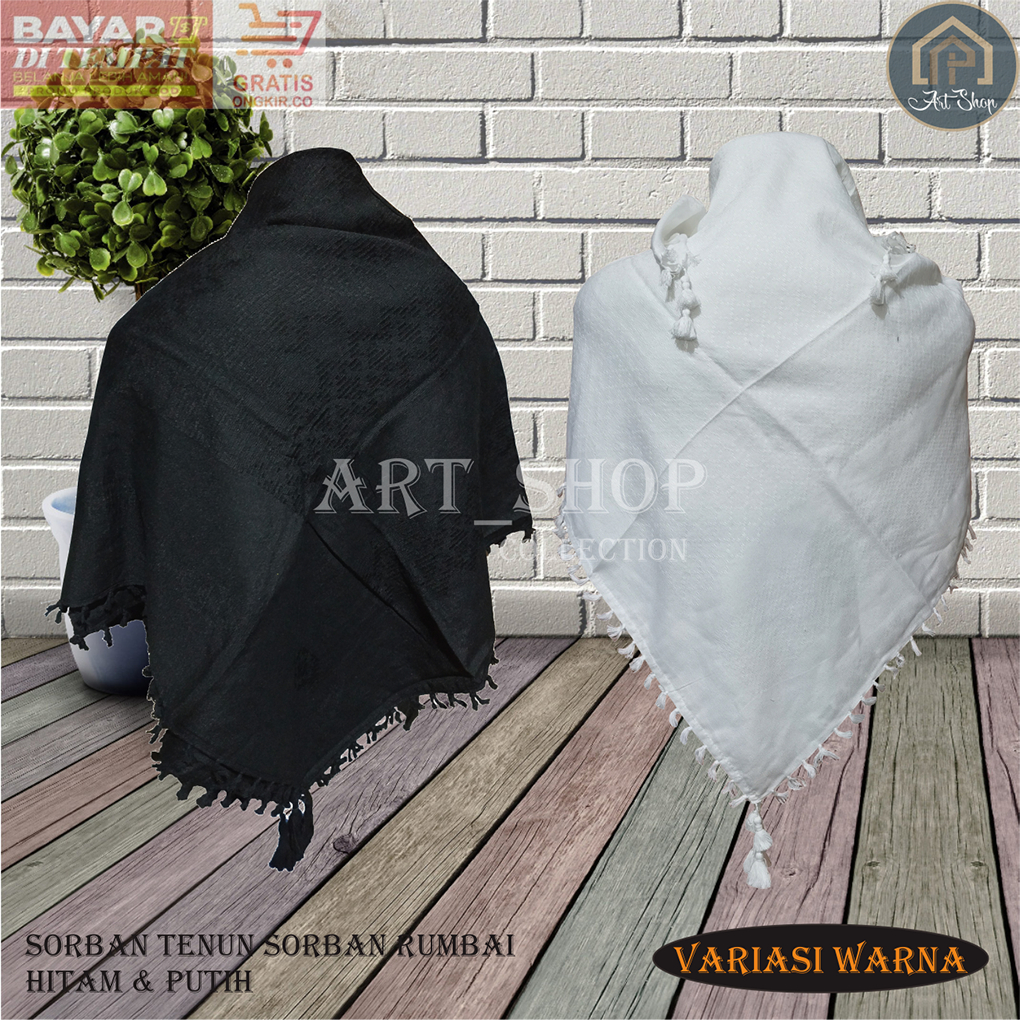 SORBAN TENUN SORBAN RUMBAI HITAM & PUTIH MOTIF