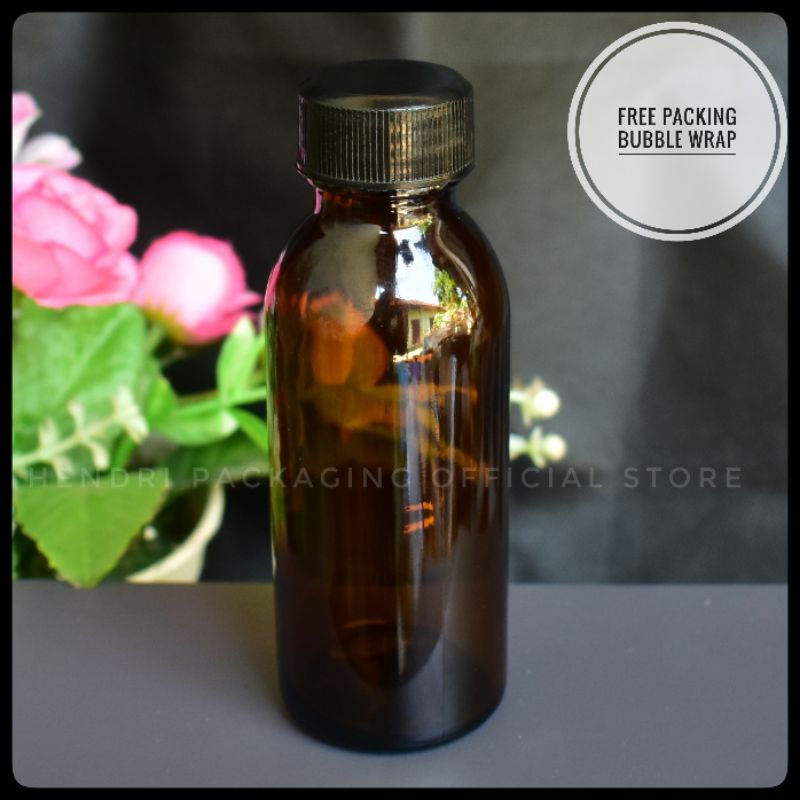 Botol Kaca Amber 100ml Tutup Plastik Hitam - Botol Gingseng