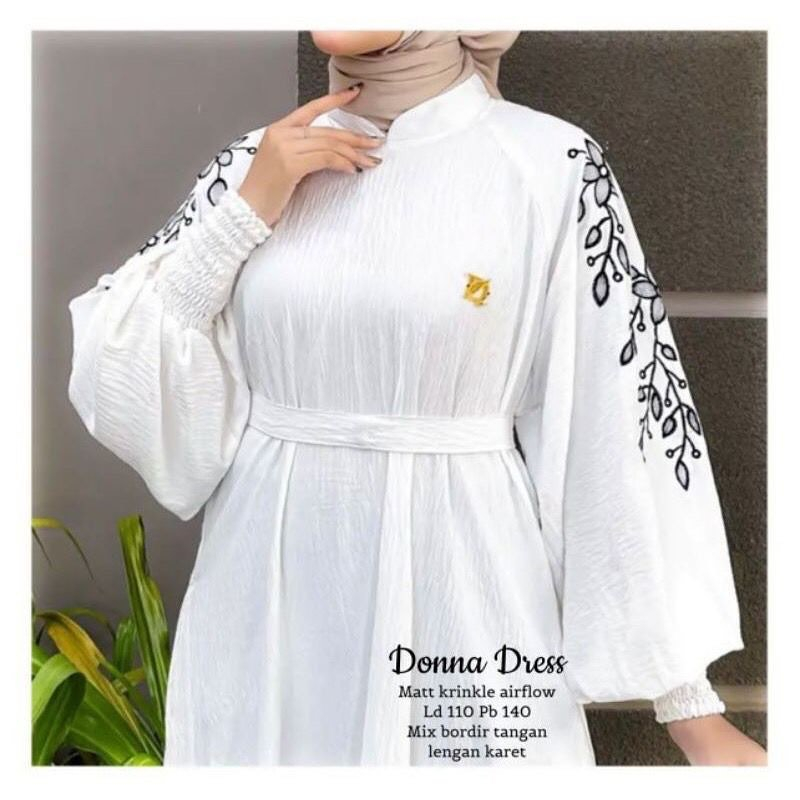 GAMIS BORDIR CRINKLE AIRFLOW GAMIS PUTIH WANITA KEKINIAN CRINKLE PREMIUM NADIA DRESS LENGAN BALON GA